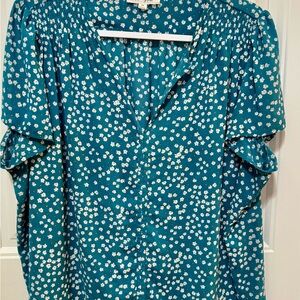 Chic Teal Floral Blouse with Ruffle Detail